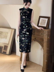 Black Floral Velvet Midi Cheongsam Qipao Dress