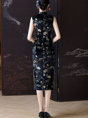 Black Floral Velvet Midi Cheongsam Qipao Dress