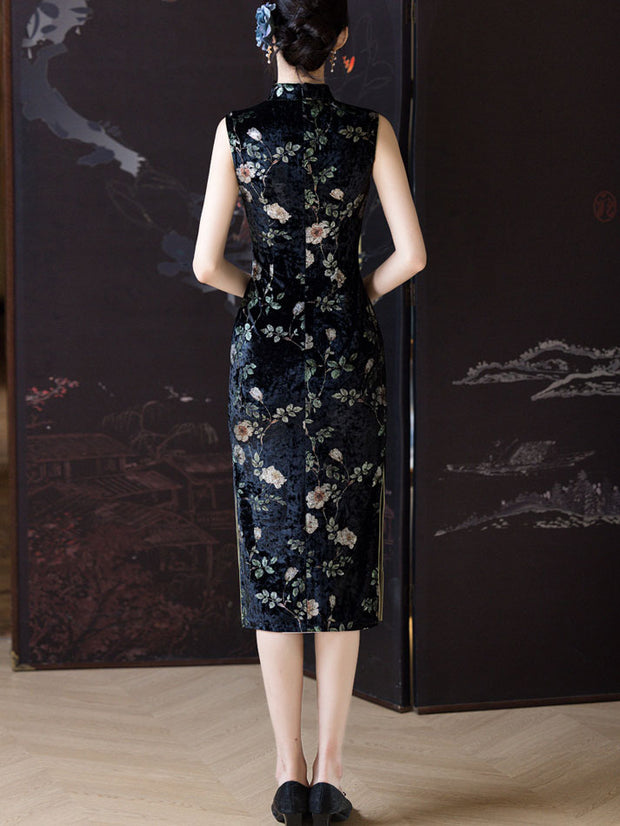 Black Floral Velvet Midi Cheongsam Qipao Dress