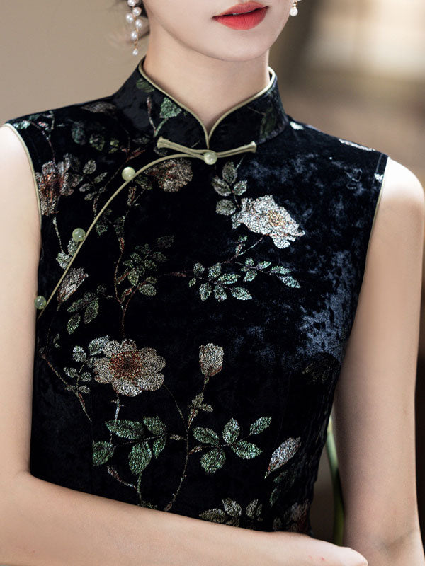 Black Floral Velvet Midi Cheongsam Qipao Dress