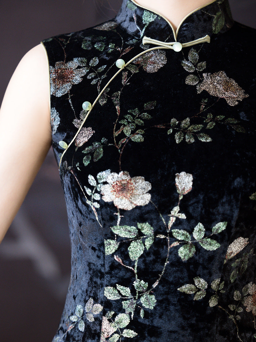Black Floral Velvet Midi Cheongsam Qipao Dress