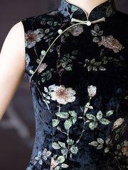 Black Floral Velvet Midi Cheongsam Qipao Dress