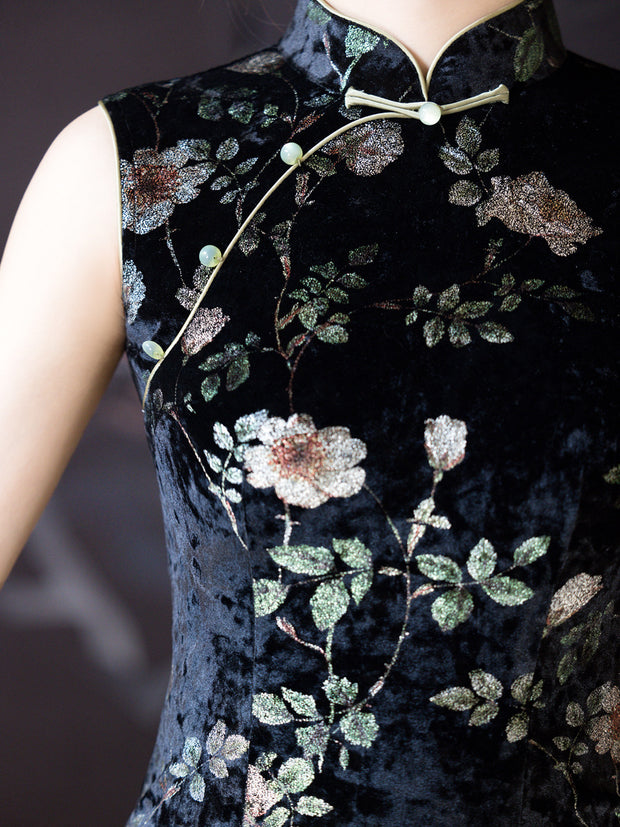 Black Floral Velvet Midi Cheongsam Qipao Dress