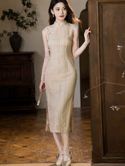 Red Beige Knitted Midi Cheongsam Qipao Dress