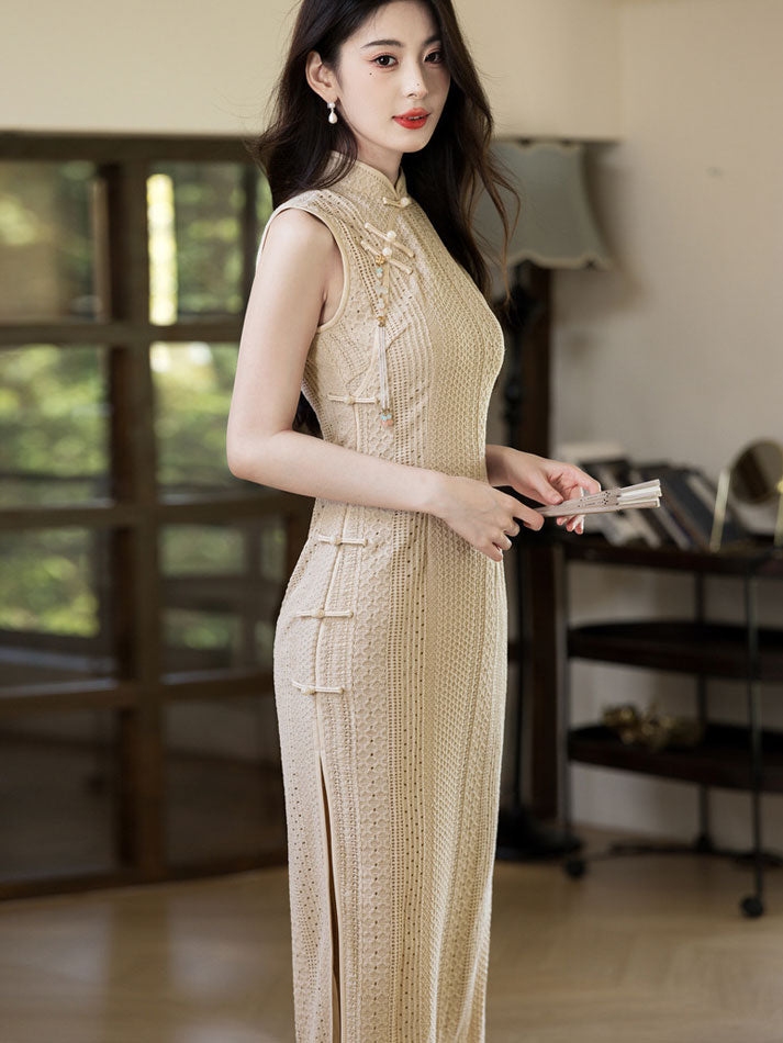 Red Beige Knitted Midi Cheongsam Qipao Dress