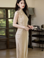 Red Beige Knitted Midi Cheongsam Qipao Dress