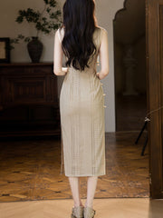 Red Beige Knitted Midi Cheongsam Qipao Dress