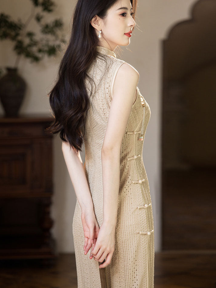 Red Beige Knitted Midi Cheongsam Qipao Dress
