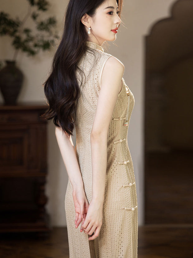 Red Beige Knitted Midi Cheongsam Qipao Dress