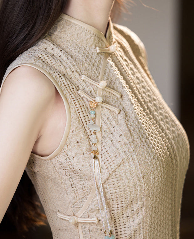 Red Beige Knitted Midi Cheongsam Qipao Dress