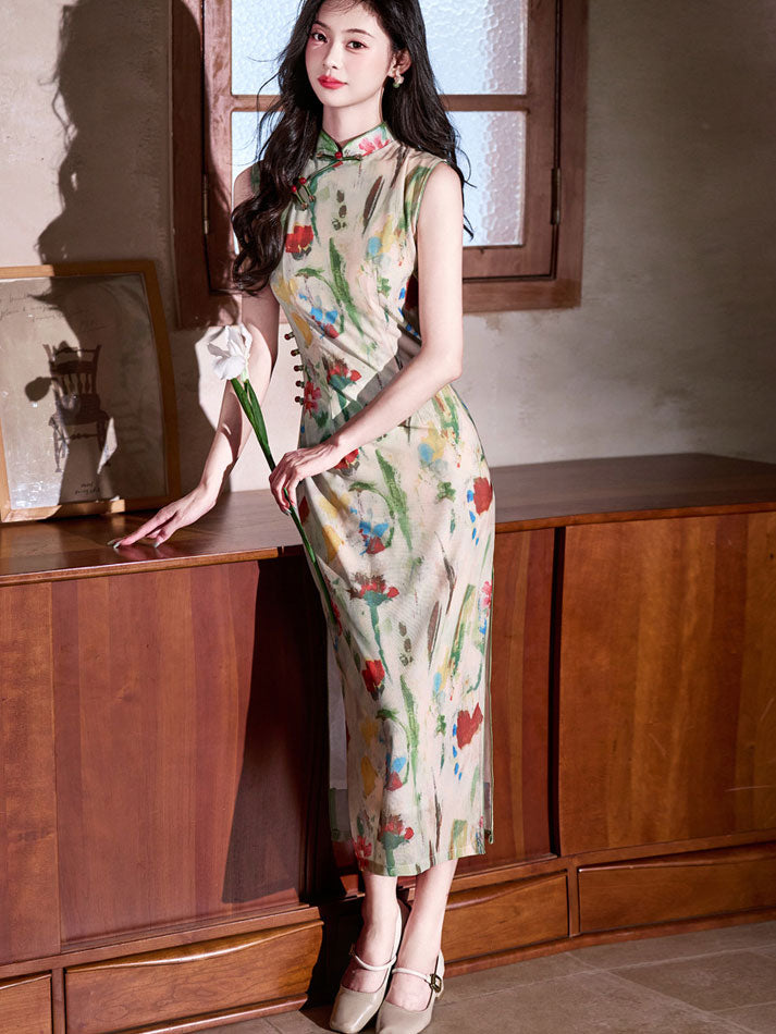 2025 Floral Print Cheongsam Qipao Dress