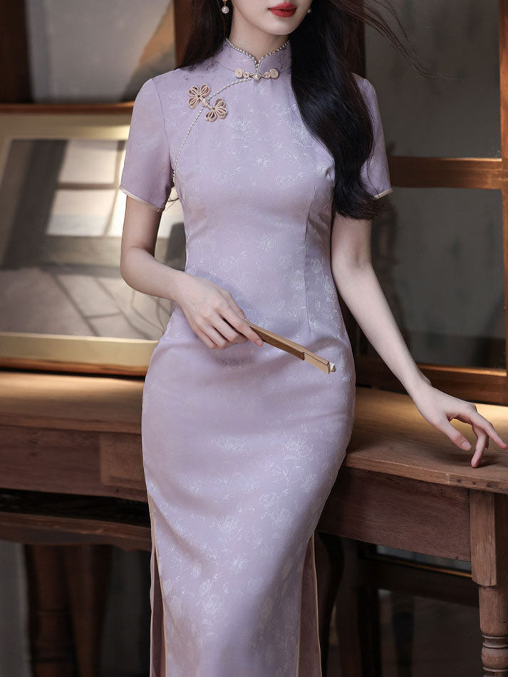 Purple Jacquard Floral Cheongsam Qipao Dress