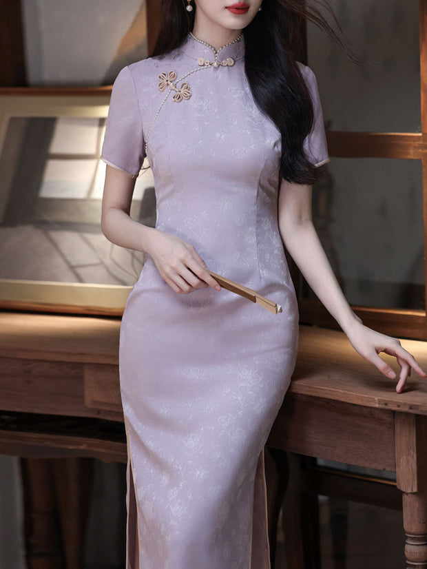 Purple Jacquard Floral Cheongsam Qipao Dress