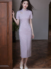 Purple Jacquard Floral Cheongsam Qipao Dress