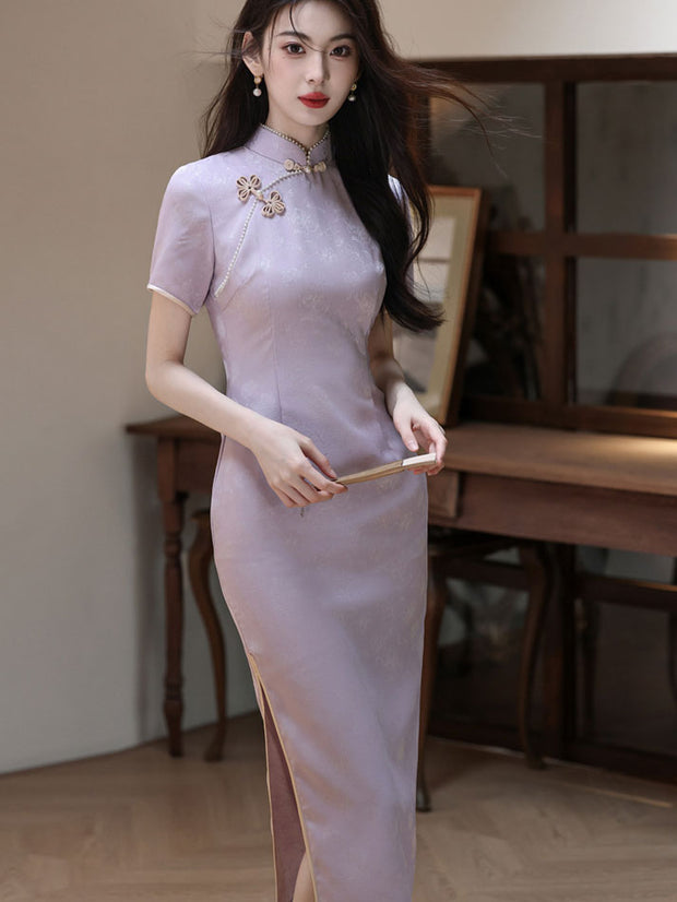 Purple Jacquard Floral Cheongsam Qipao Dress