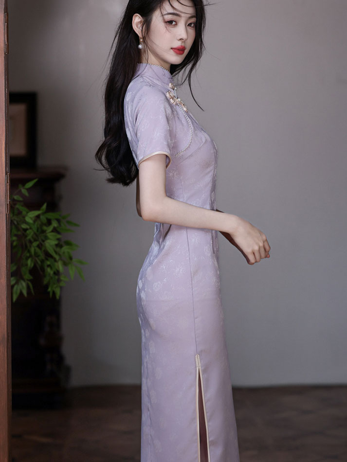 Purple Jacquard Floral Cheongsam Qipao Dress