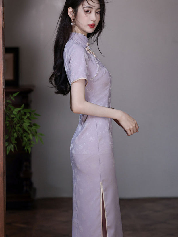 Purple Jacquard Floral Cheongsam Qipao Dress