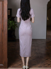 Purple Jacquard Floral Cheongsam Qipao Dress