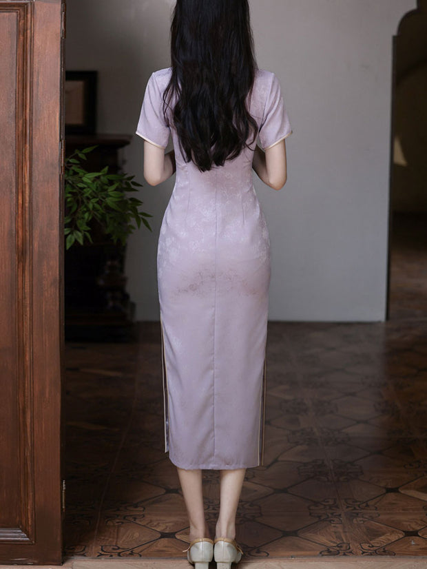 Purple Jacquard Floral Cheongsam Qipao Dress