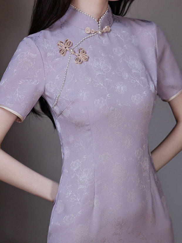 Purple Jacquard Floral Cheongsam Qipao Dress