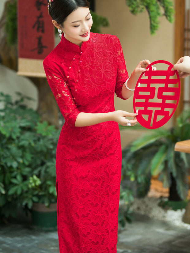 Red Floral Lace Wedding Bridal Cheongsam Qipao Dress