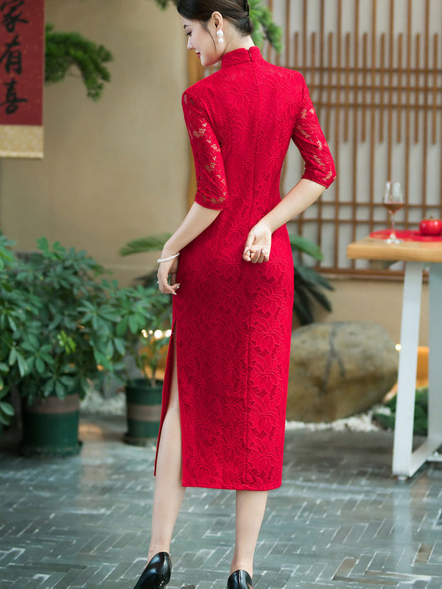 Red Floral Lace Wedding Bridal Cheongsam Qipao Dress