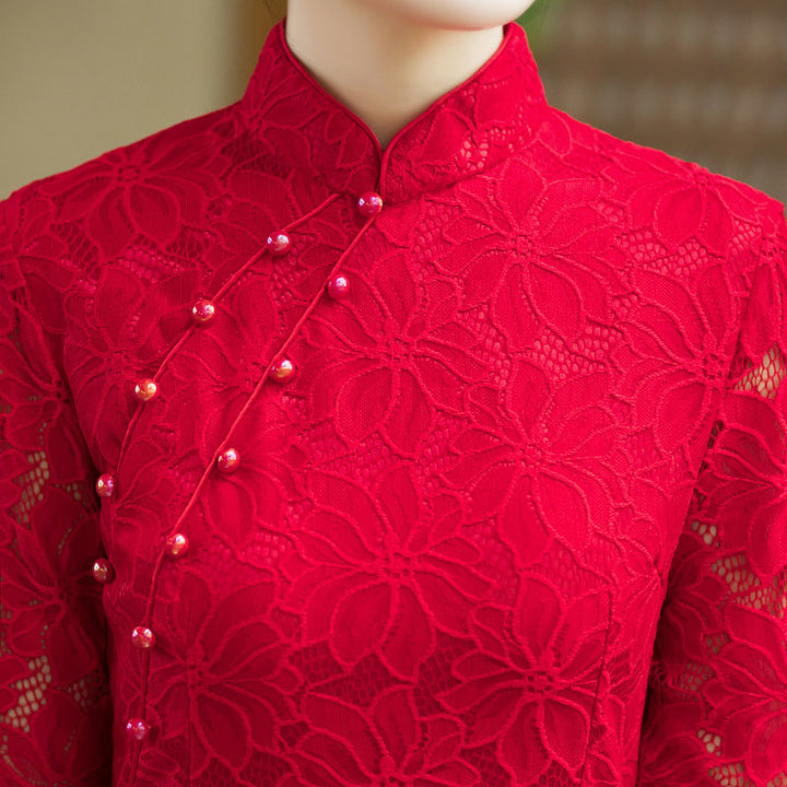 Red Floral Lace Wedding Bridal Cheongsam Qipao Dress