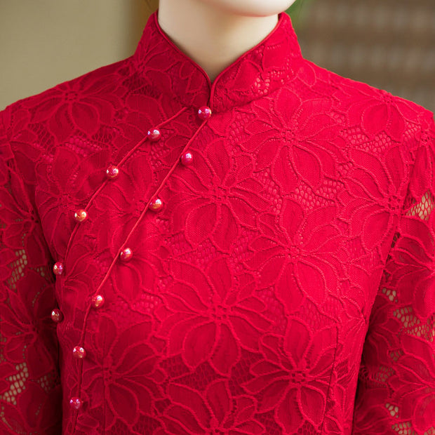 Red Floral Lace Wedding Bridal Cheongsam Qipao Dress