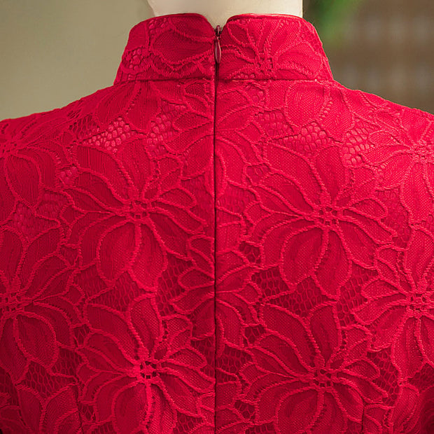 Red Floral Lace Wedding Bridal Cheongsam Qipao Dress