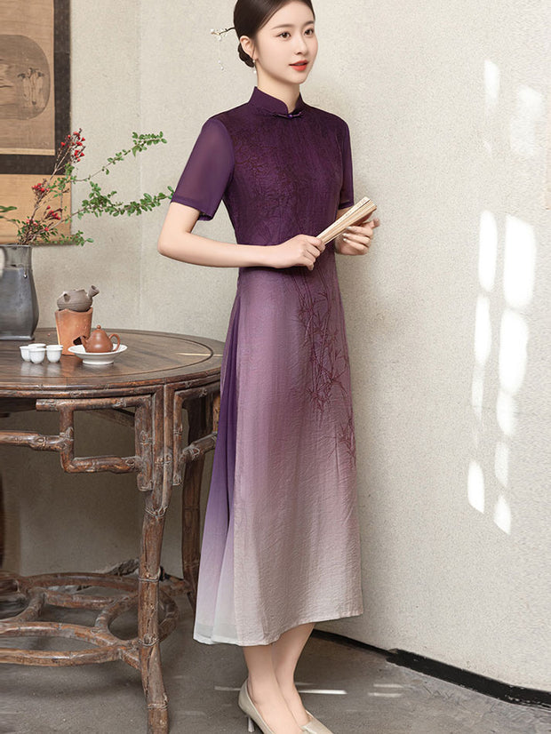 Purple Gray Mothers A-Line Cheongsam Qipao Dress