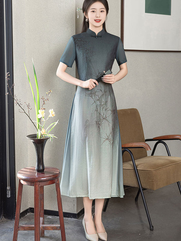 Purple Gray Mothers A-Line Cheongsam Qipao Dress