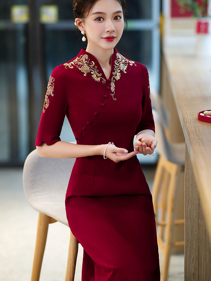 Pink Red Mothers A-Line Wedding Cheongsam Qipao Dress