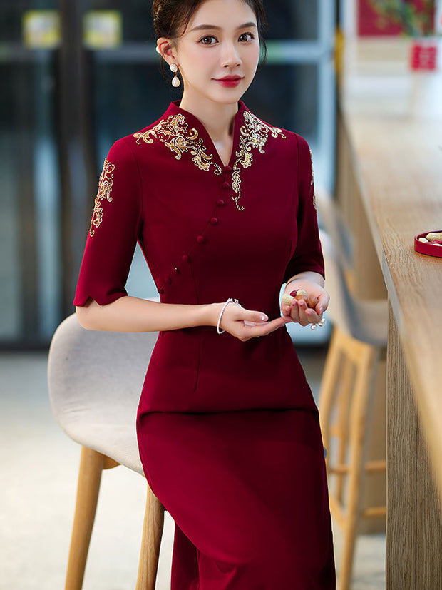 Pink Red Mothers A-Line Wedding Cheongsam Qipao Dress