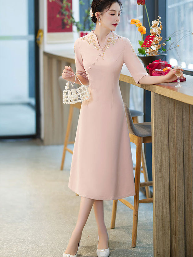 Pink Red Mothers A-Line Wedding Cheongsam Qipao Dress