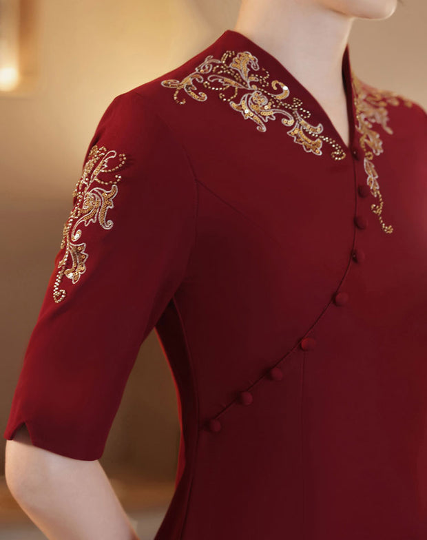 Pink Red Mothers A-Line Wedding Cheongsam Qipao Dress