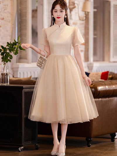 Champagne A-line Midi Cheongsam Qipao Dress