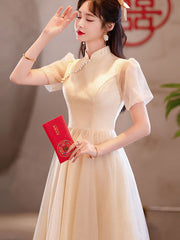 Champagne A-line Midi Cheongsam Qipao Dress