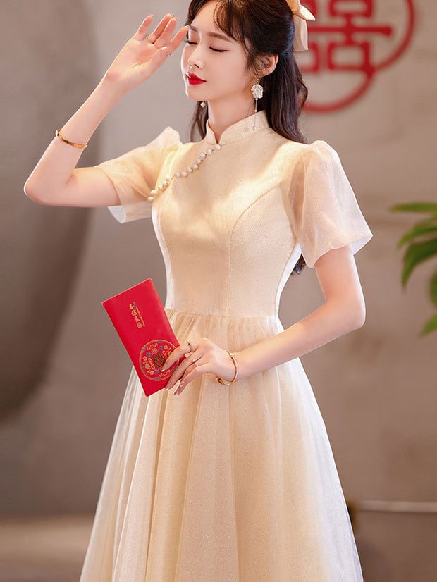 Champagne A-line Midi Cheongsam Qipao Dress