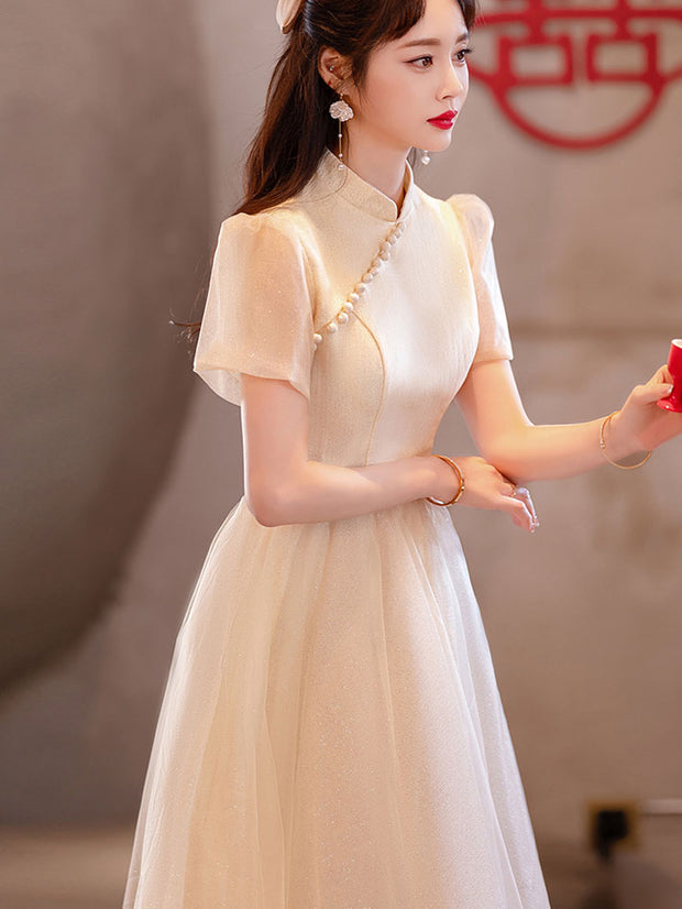 Champagne A-line Midi Cheongsam Qipao Dress