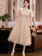 Champagne A-line Midi Cheongsam Qipao Dress