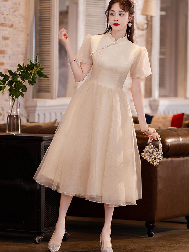 Champagne A-line Midi Cheongsam Qipao Dress