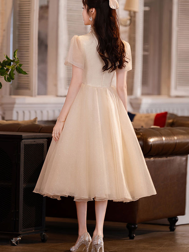 Champagne A-line Midi Cheongsam Qipao Dress