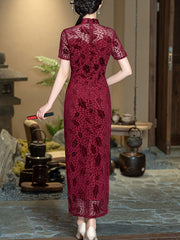 Mothers Red Green Velvet Maxi Cheongsam Qipao Dress
