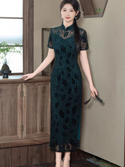 Mothers Red Green Velvet Maxi Cheongsam Qipao Dress