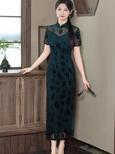Mothers Red Green Velvet Maxi Cheongsam Qipao Dress