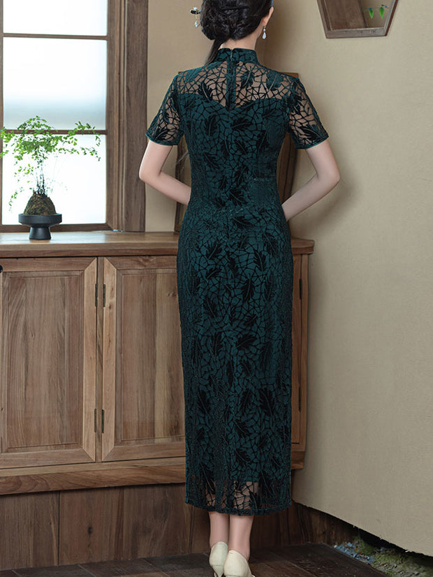 Mothers Red Green Velvet Maxi Cheongsam Qipao Dress