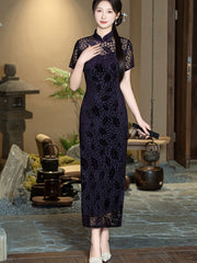 Mothers Red Green Velvet Maxi Cheongsam Qipao Dress