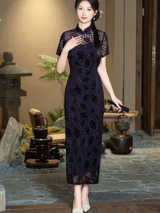 Mothers Red Green Velvet Maxi Cheongsam Qipao Dress