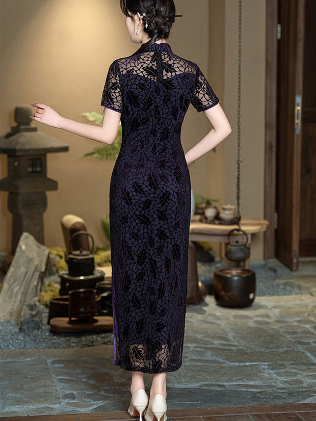 Mothers Red Green Velvet Maxi Cheongsam Qipao Dress