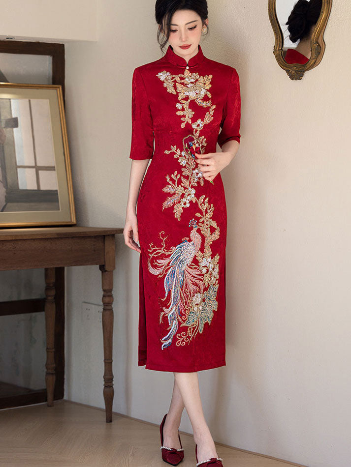 Red Jacquard Sequined Phoenix Bridal Wedding Cheongsam Dress